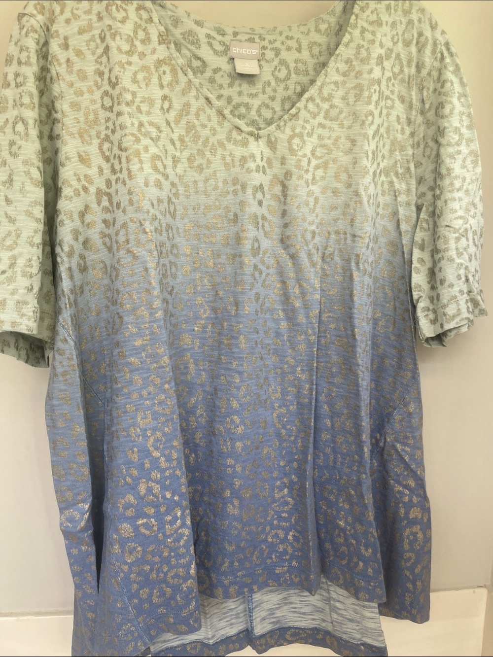 Chico's High-Low Metallic Leopard Ombre V-Neck Top in Mint and Blue